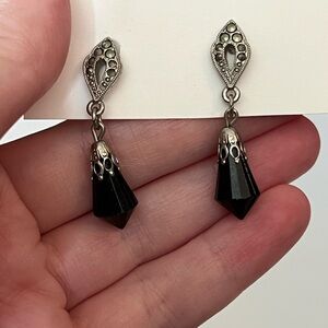Vintage Black Onyx Triangular Dangle, Drop Earrings
